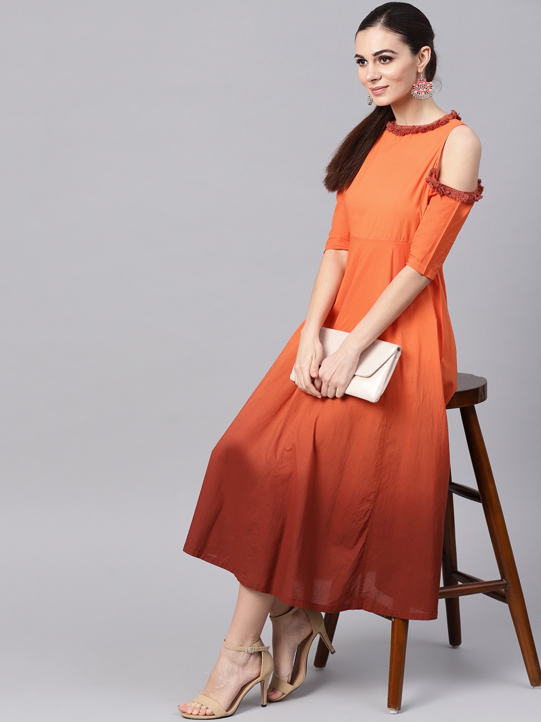 

SASSAFRAS Women Orange & Rust Brown Dyed A-Line Dress