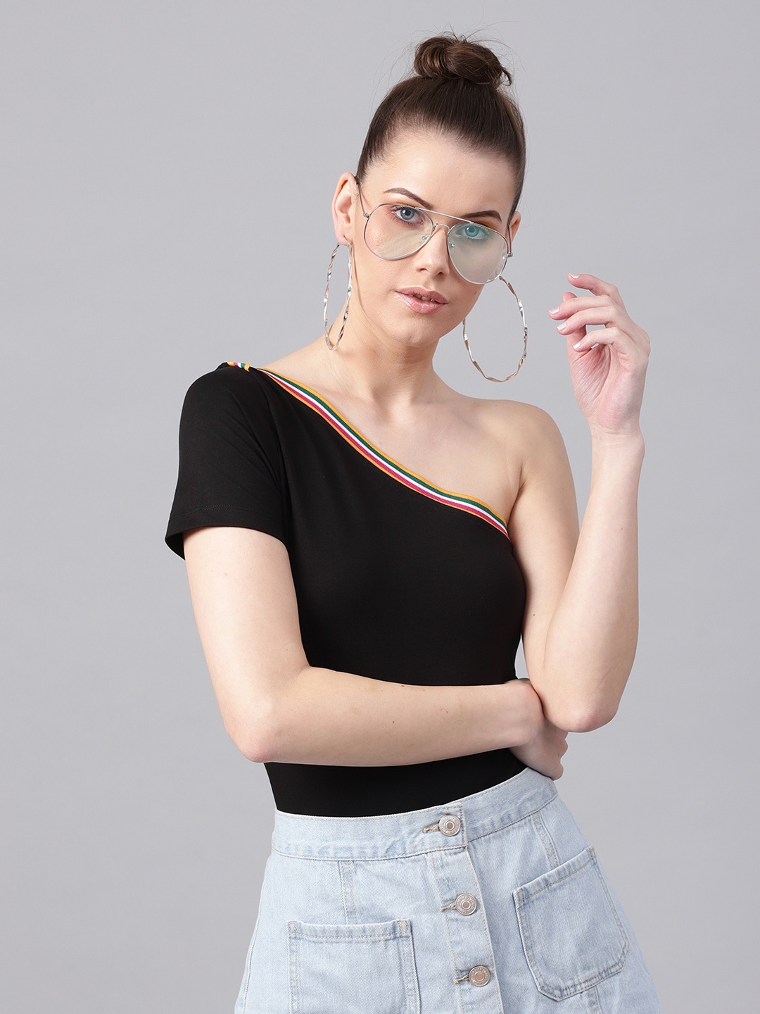 

SASSAFRAS Women Black Solid One-Shoulder Fitted Pure Cotton Top