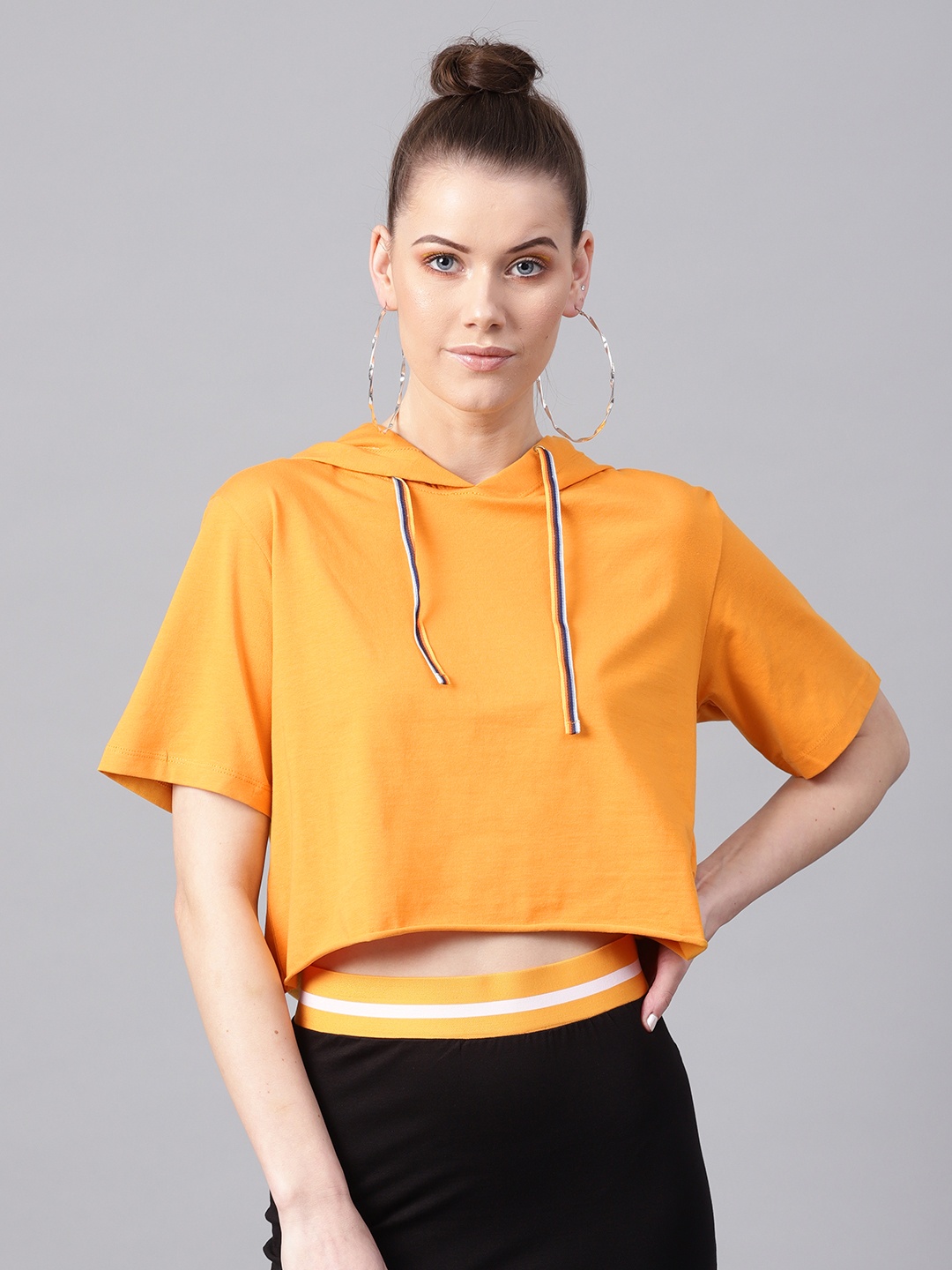 

SASSAFRAS Women Mustard Yellow Solid Crop Hooded T-shirt