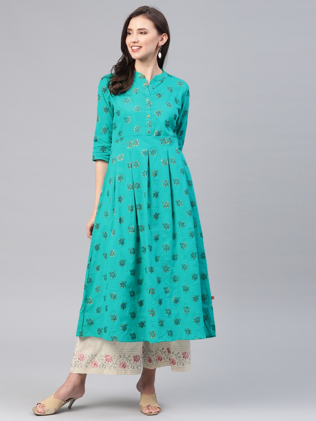 

Alena Women Turquoise Blue Printed Pleated A-Line Kurta