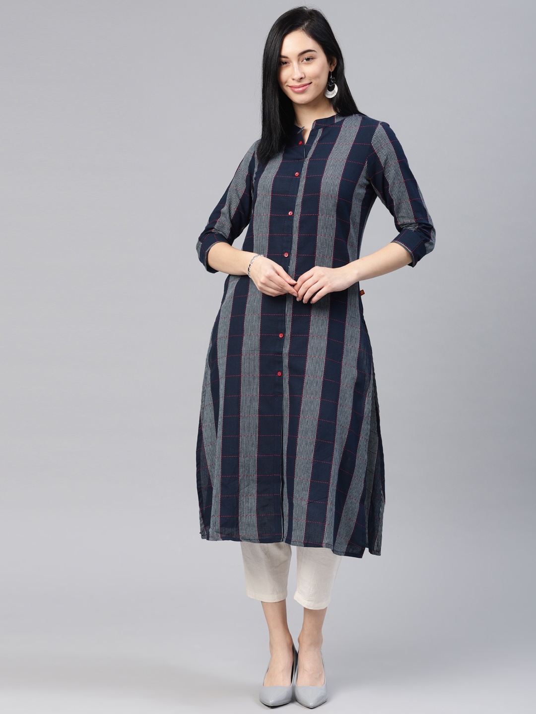 

Alena Women Navy Blue & Pink Checked A-Line Kurta