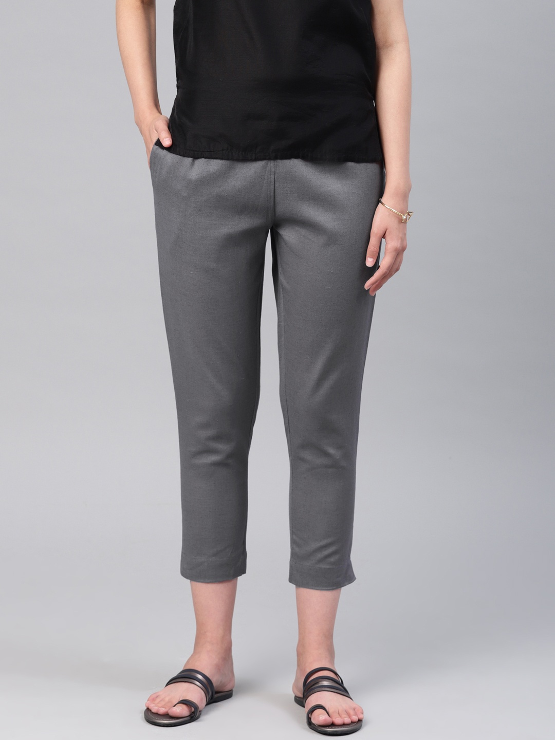 

Alena Women Charcoal Grey Slim Fit Solid Cropped Cigarette Trousers