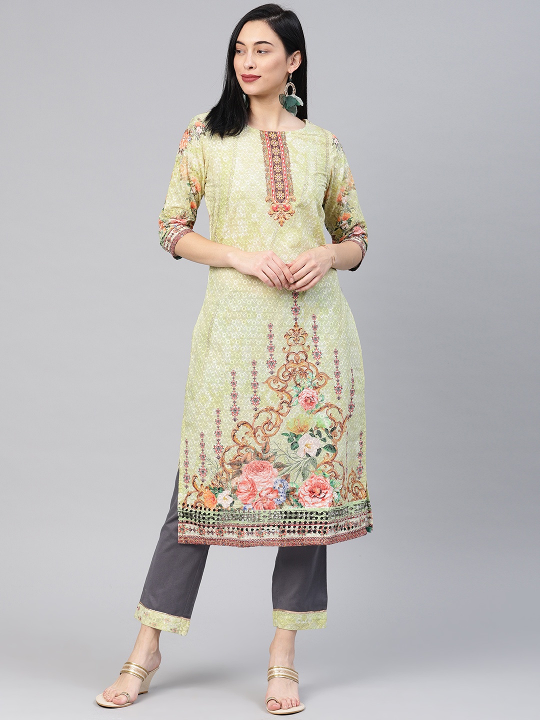 

Alena Women Green & Grey Embroidered Kurta with Trousers