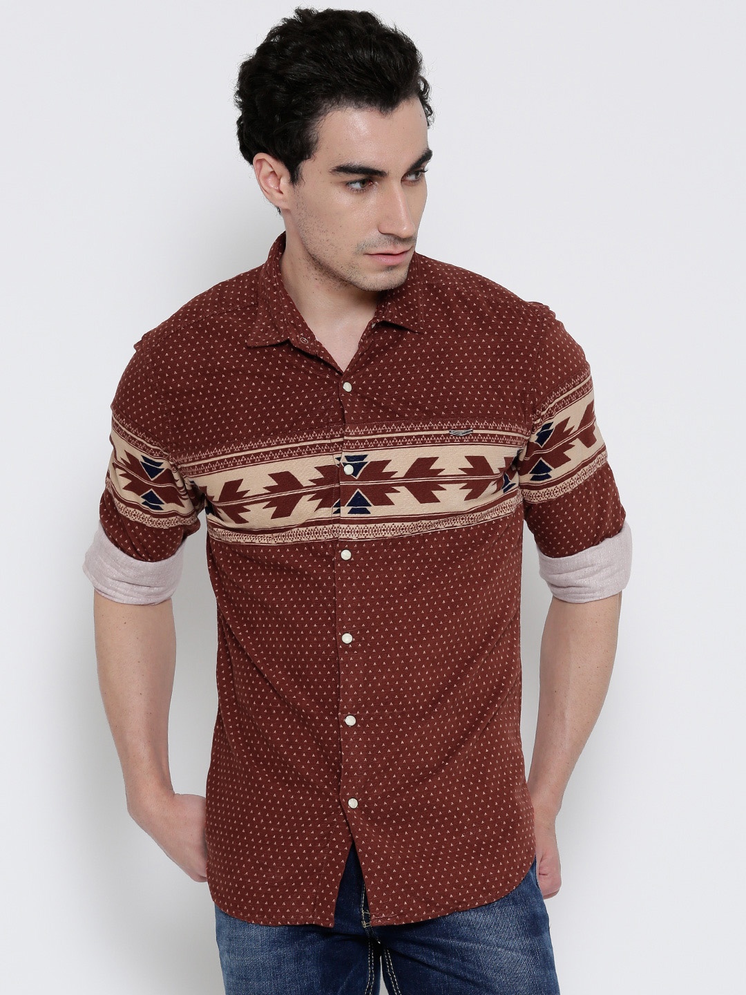 

Locomotive Rust Brown Printed Slim Fit Corduroy Shirt