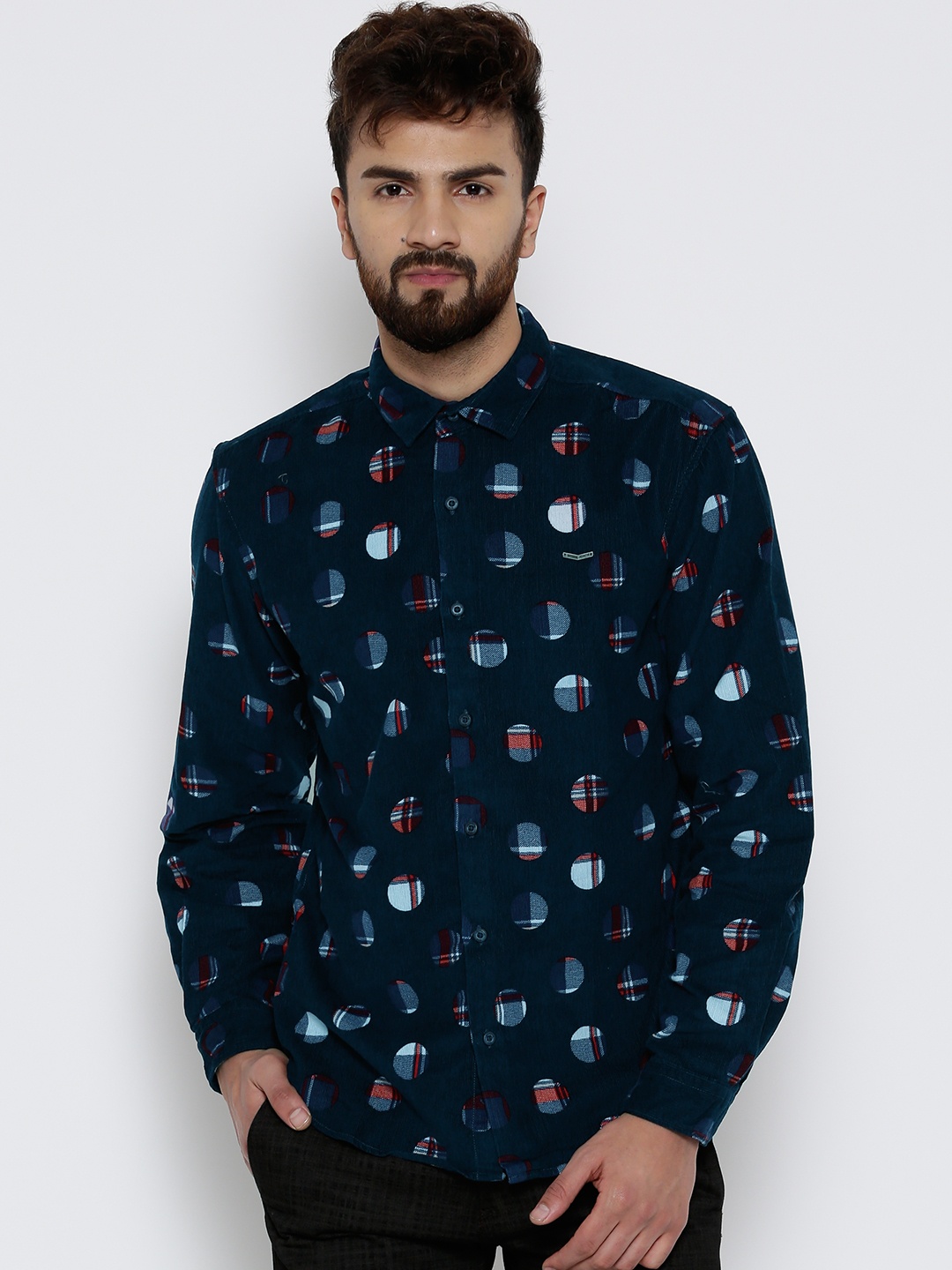 

Locomotive Navy Printed Slim Corduroy Shirt, Navy blue