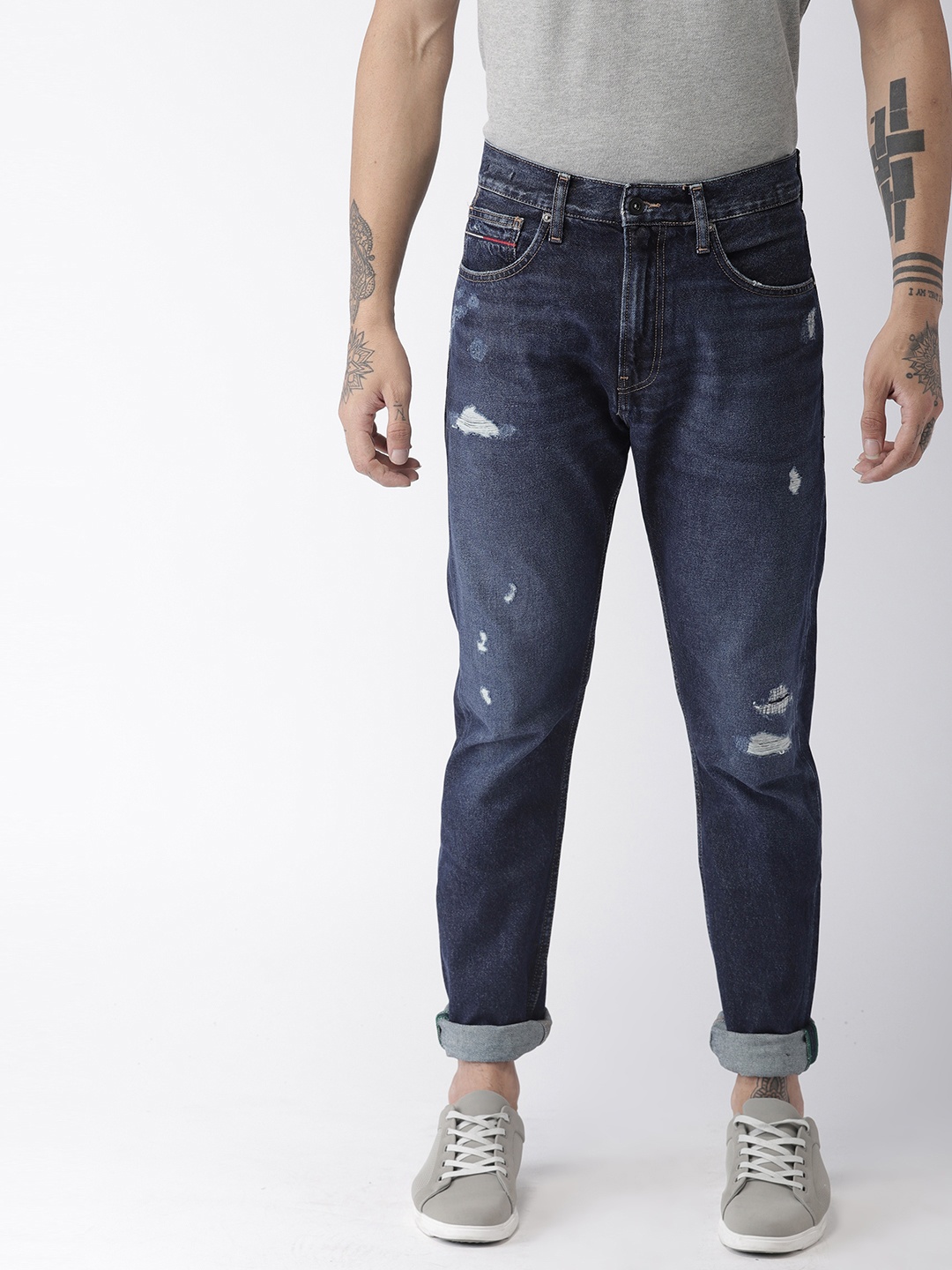 

Tommy Hilfiger Men Blue Modern Tapered TJ 1988 Mid-Rise Low Distress Jeans