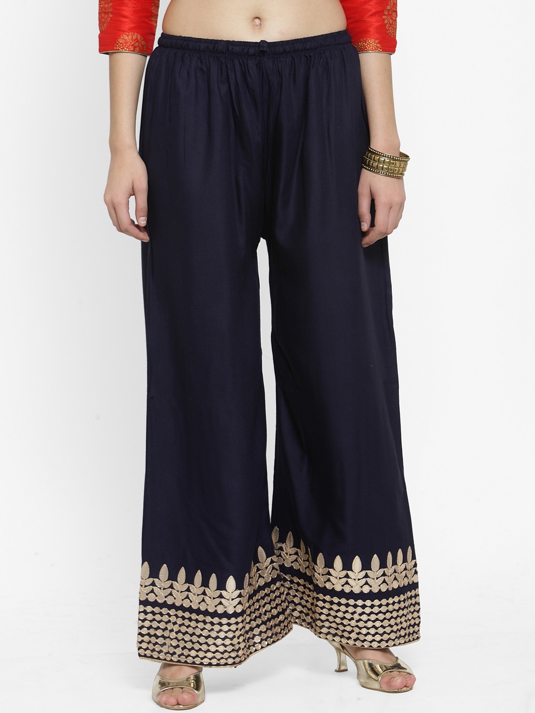 

Clora Creation Women Navy Blue & Gold-Coloured Solid Straight Palazzos