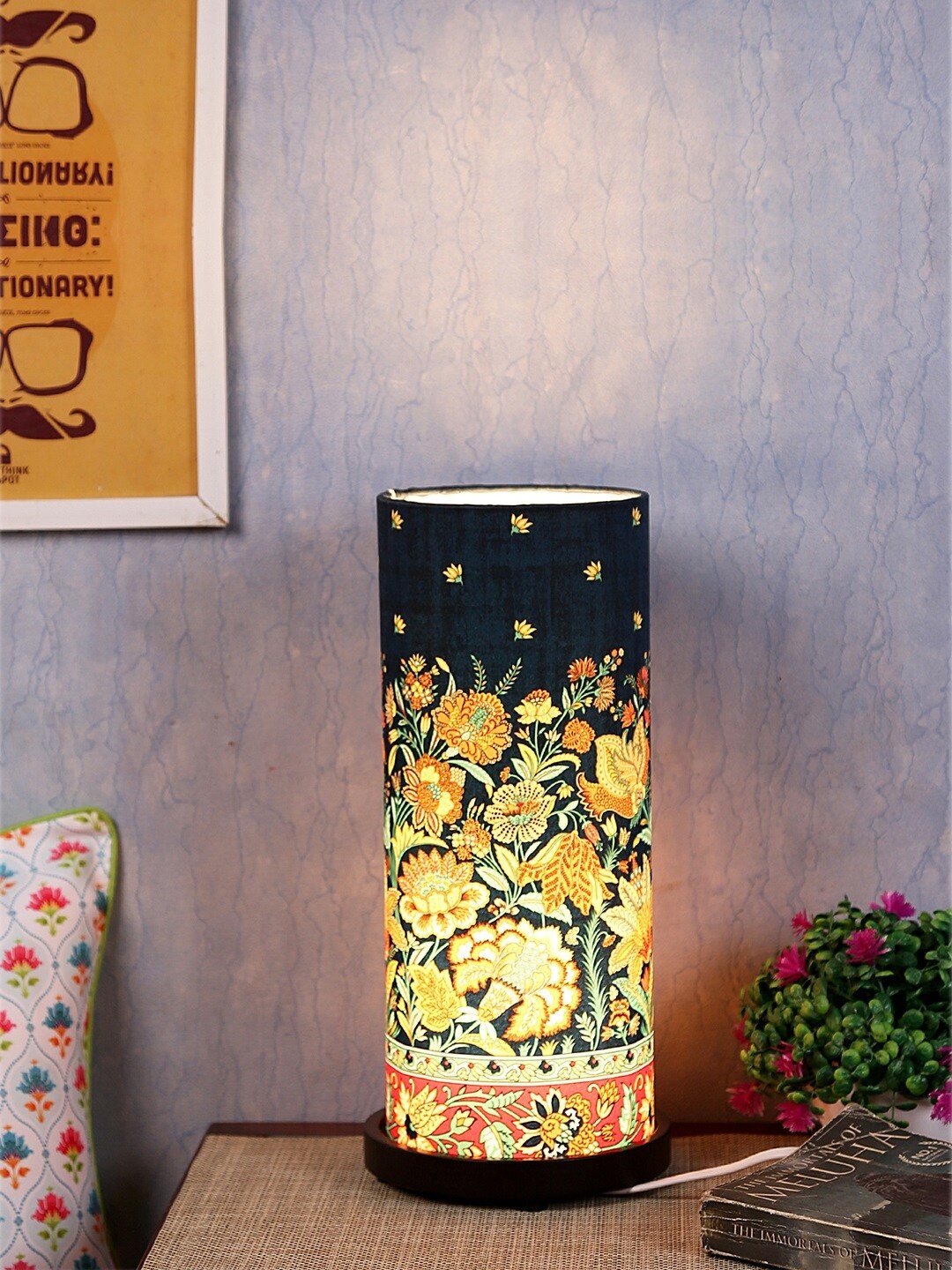 

Reinvention Factory Navy Blue & Yellow Printed Bedside Table Lamp with Shade