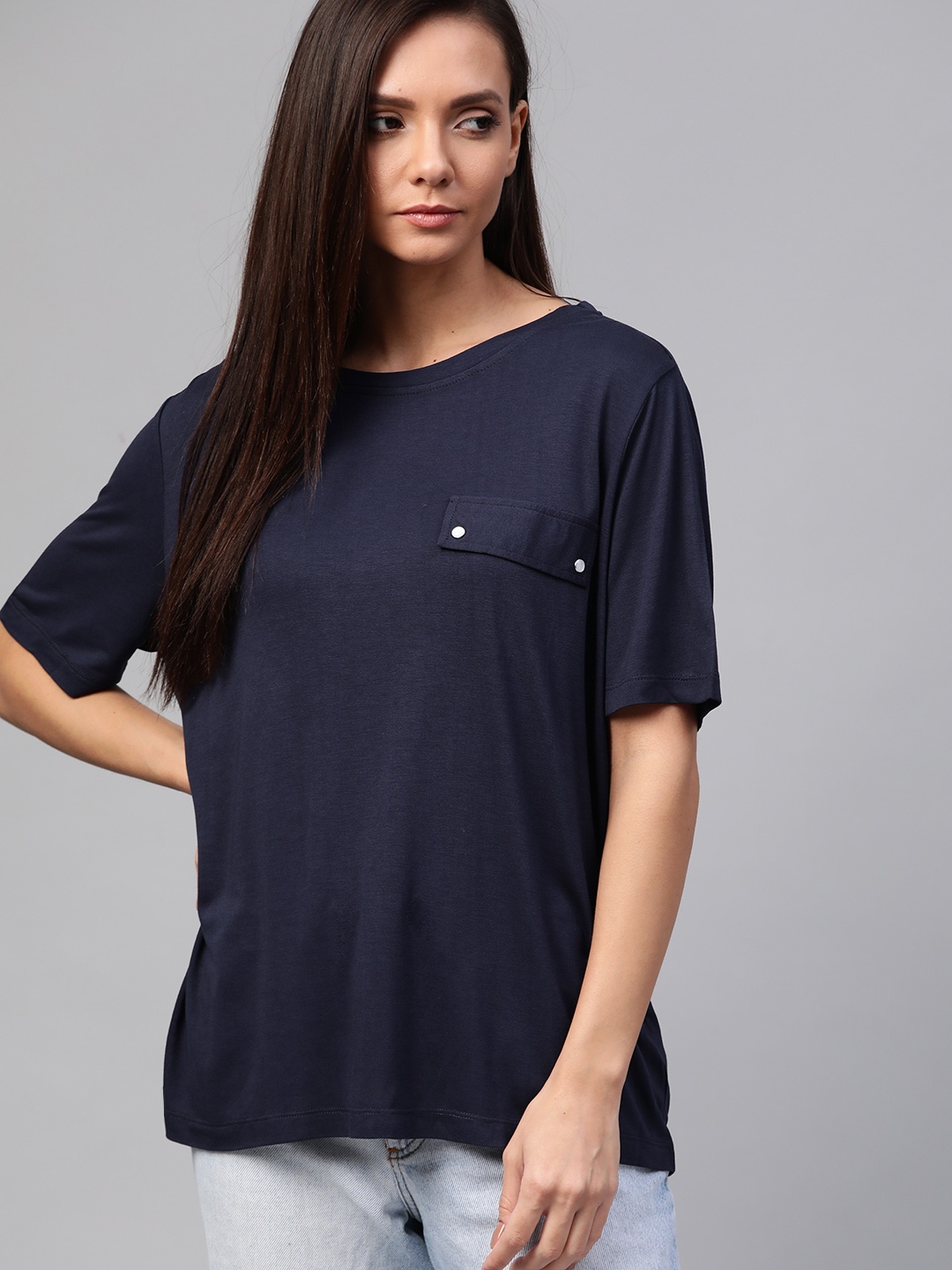 

Harvard Women Navy Blue Solid Round Neck T-shirt