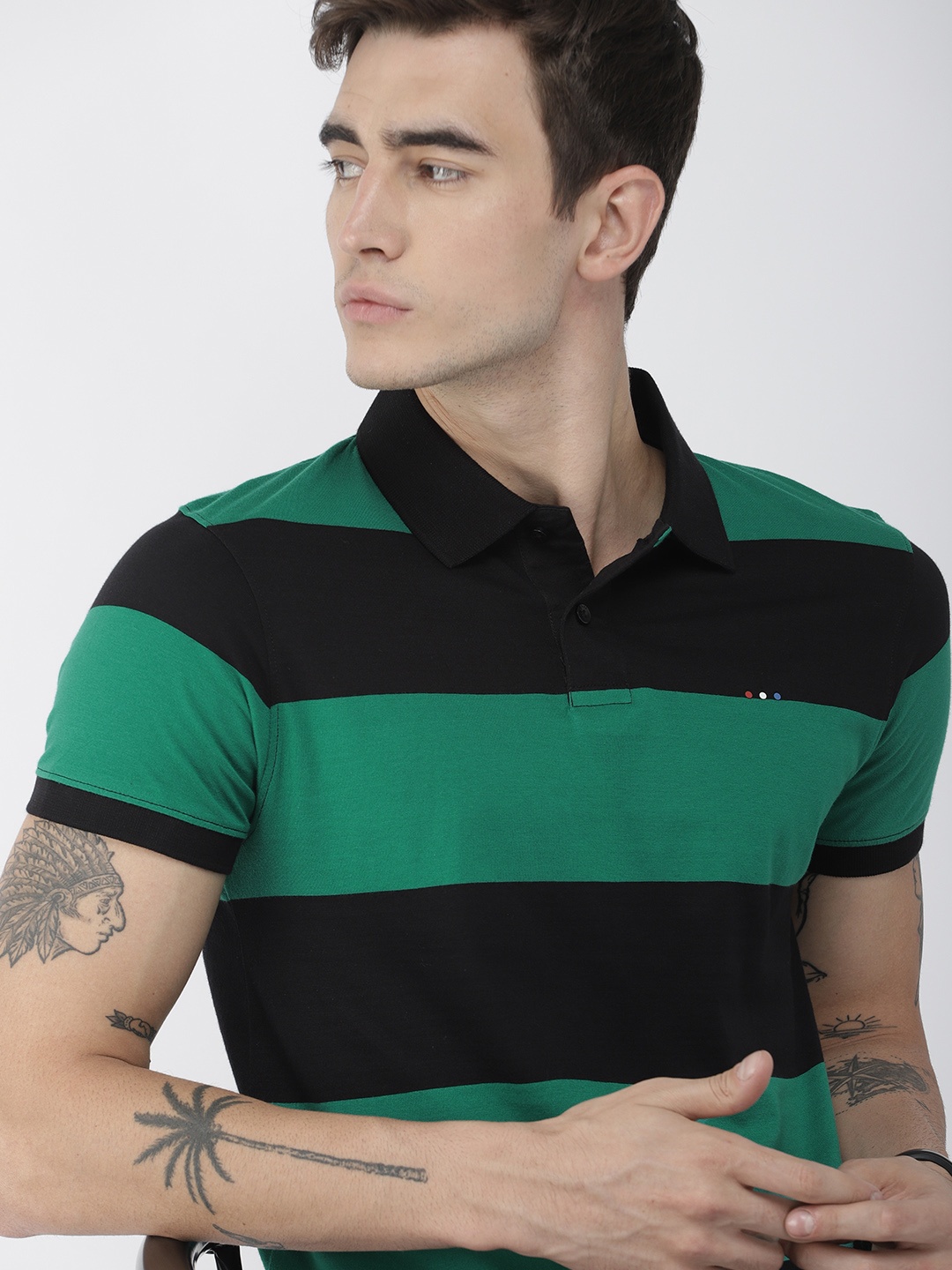 

Harvard Men Black Green Striped Polo Collar Pure Cotton T-shirt