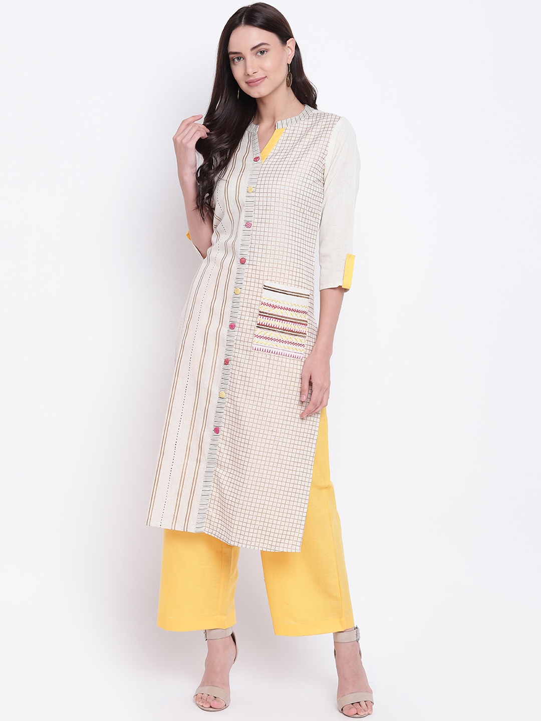 

Be Indi Women Off-White & Yellow Striped Kurta with Palazzos