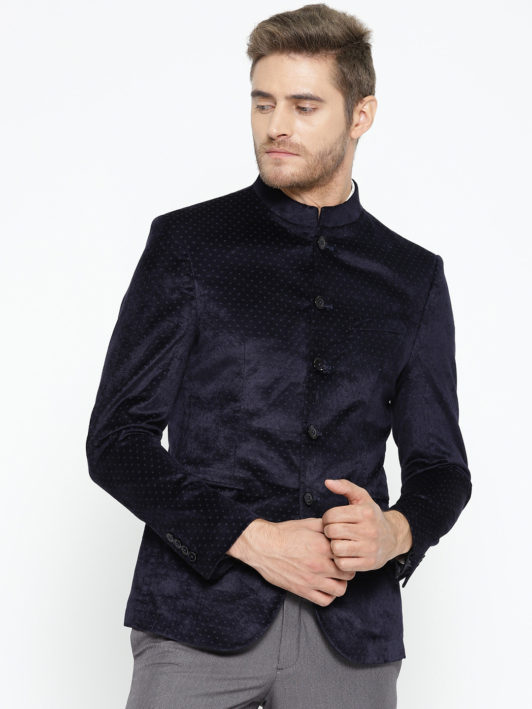 

Blackberrys Men Navy Blue Self Design Slim Fit Velvet Ethnic Bandhgala