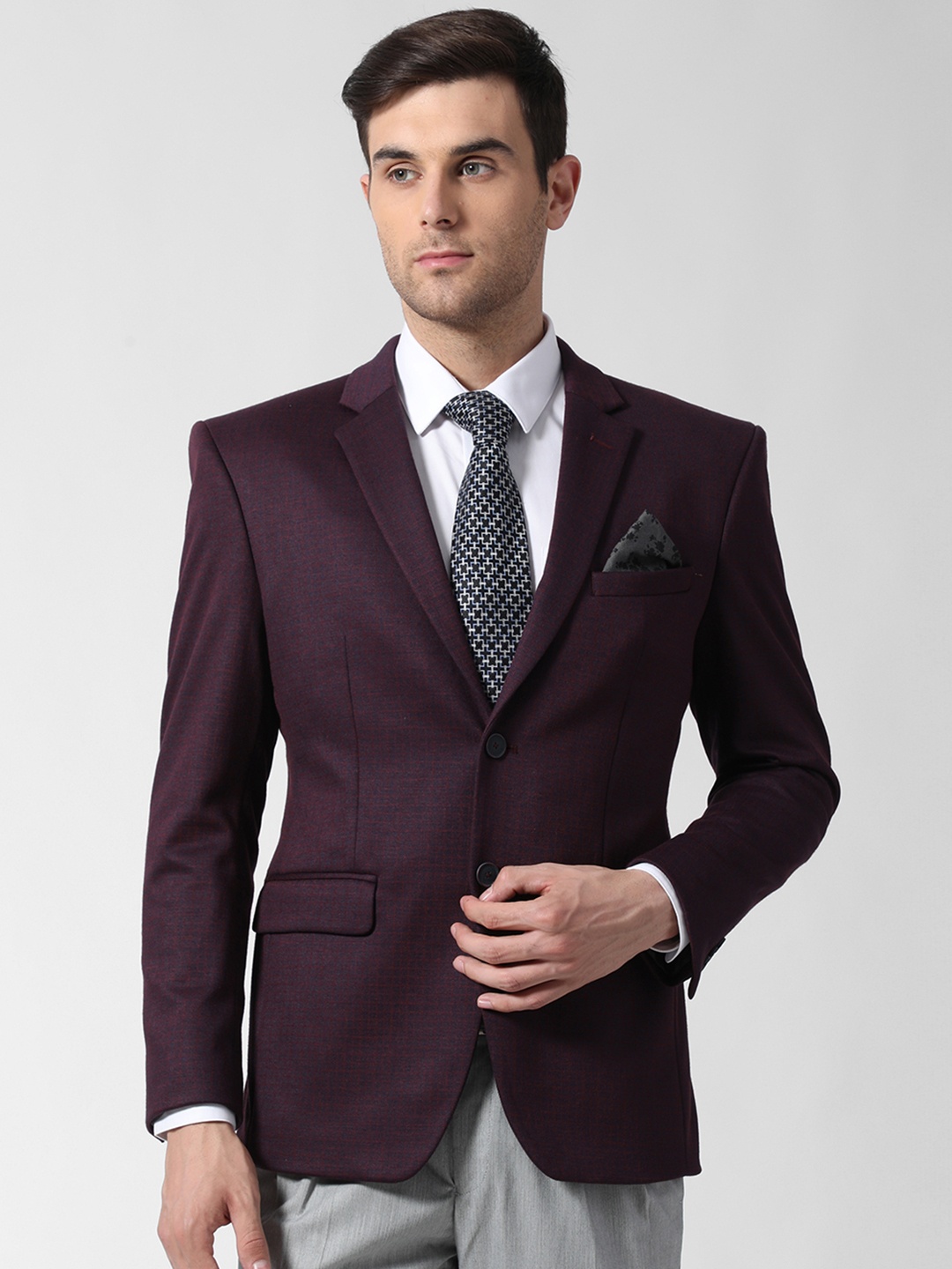 

Peter England Men Maroon Checked Slim Fit Single-Breasted Formal Blazer