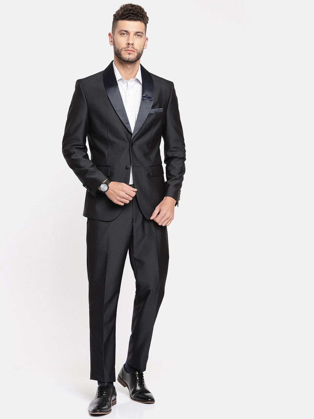 

Peter England Men Navy Blue Self Design Neo Slim Fit Tuxedo Formal Suit