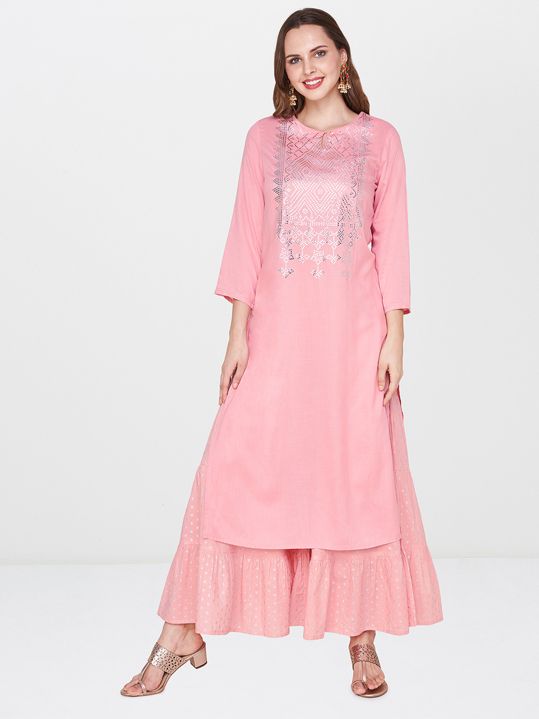 

Global Desi Women Pink Printed Top with Palazzos