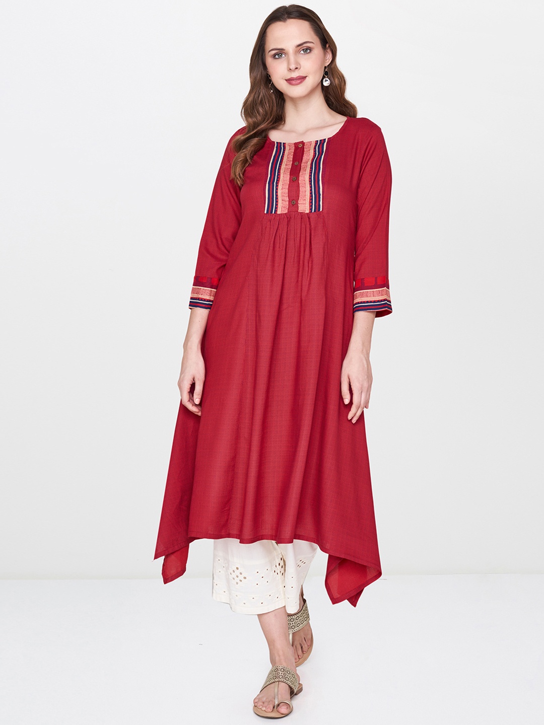

Global Desi Women Red Printed Asymmetric A-Line Kurta