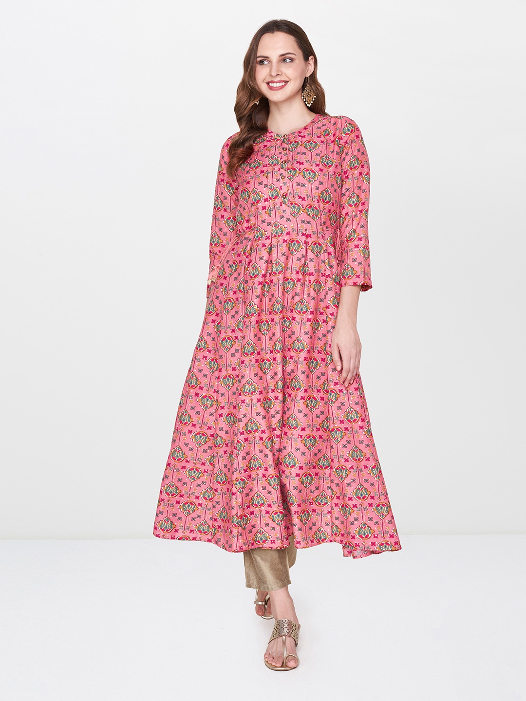 

Global Desi Women Pink & Green Printed Layered A-Line Kurta