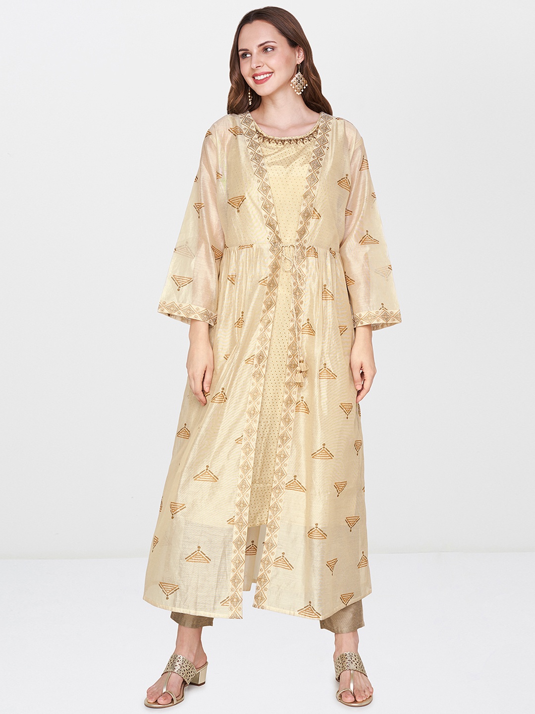 

Global Desi Women Beige Printed Kurta With a Longline Tie-up Shrug