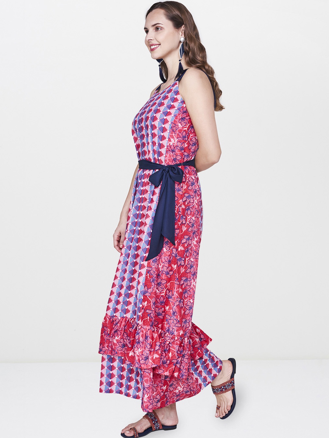 

Global Desi Red & Navy Blue Printed A-Line Dress