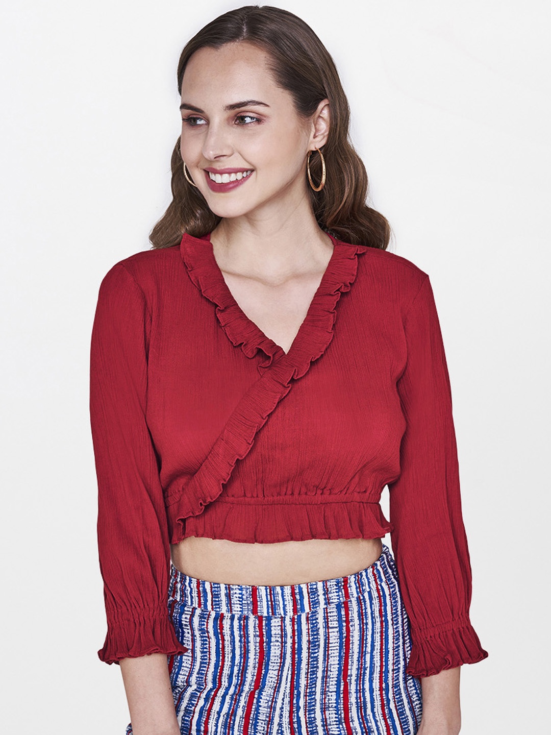 

Global Desi Women Red Blouson Crop Pure Cotton Top