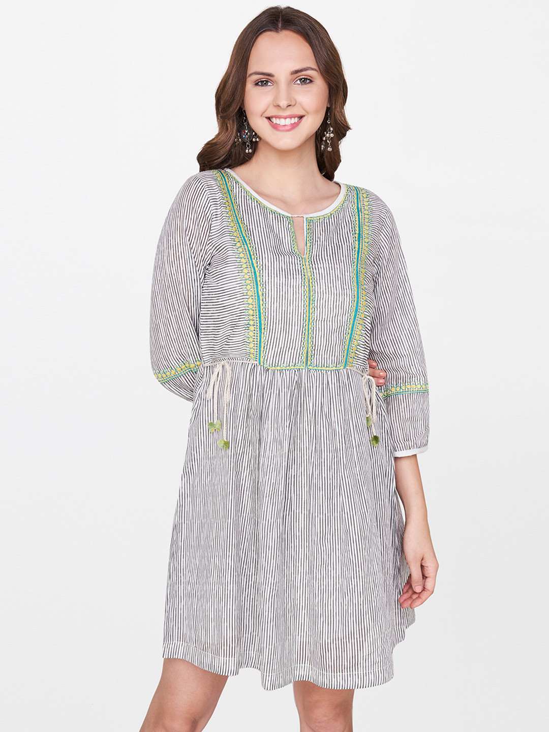 

Global Desi Women Black & White Striped A-Line Dress