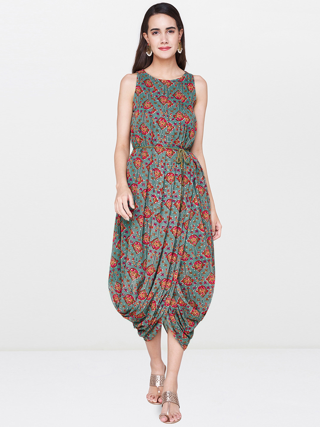 

Global Desi Green & Red Printed Empire Dress