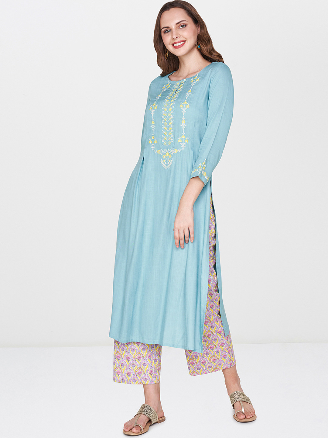 

Global Desi Women Blue Yoke Design A-Line Kurta