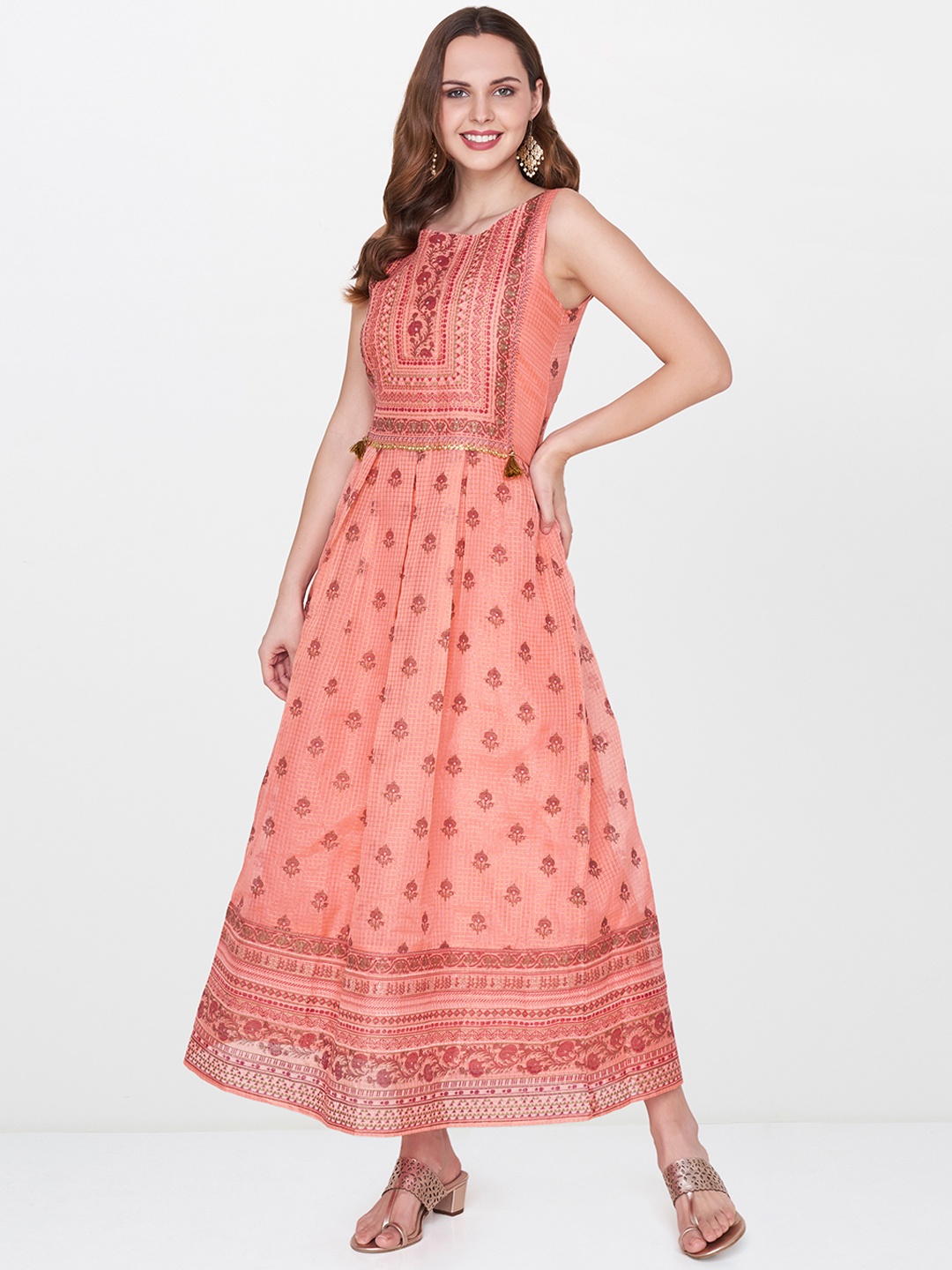 

Global Desi Women Pink Printed Fit & Flare Maxi Dress