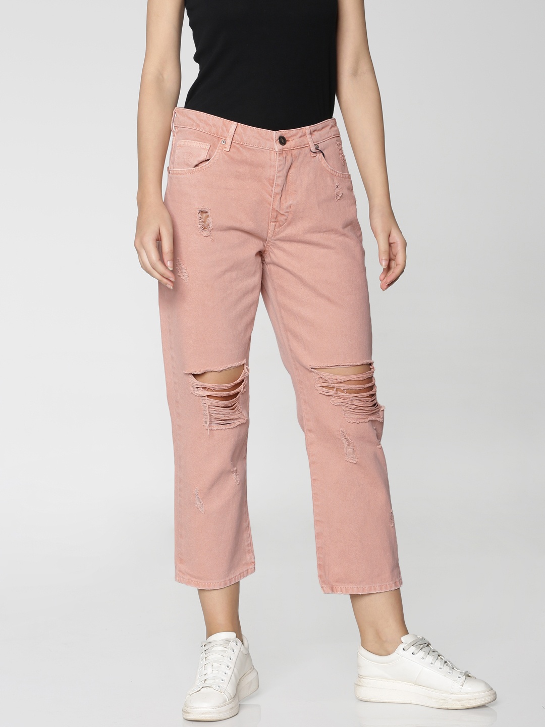 

ONLY Women Pink Straight Fit High-Rise Highly Distressed Jeans