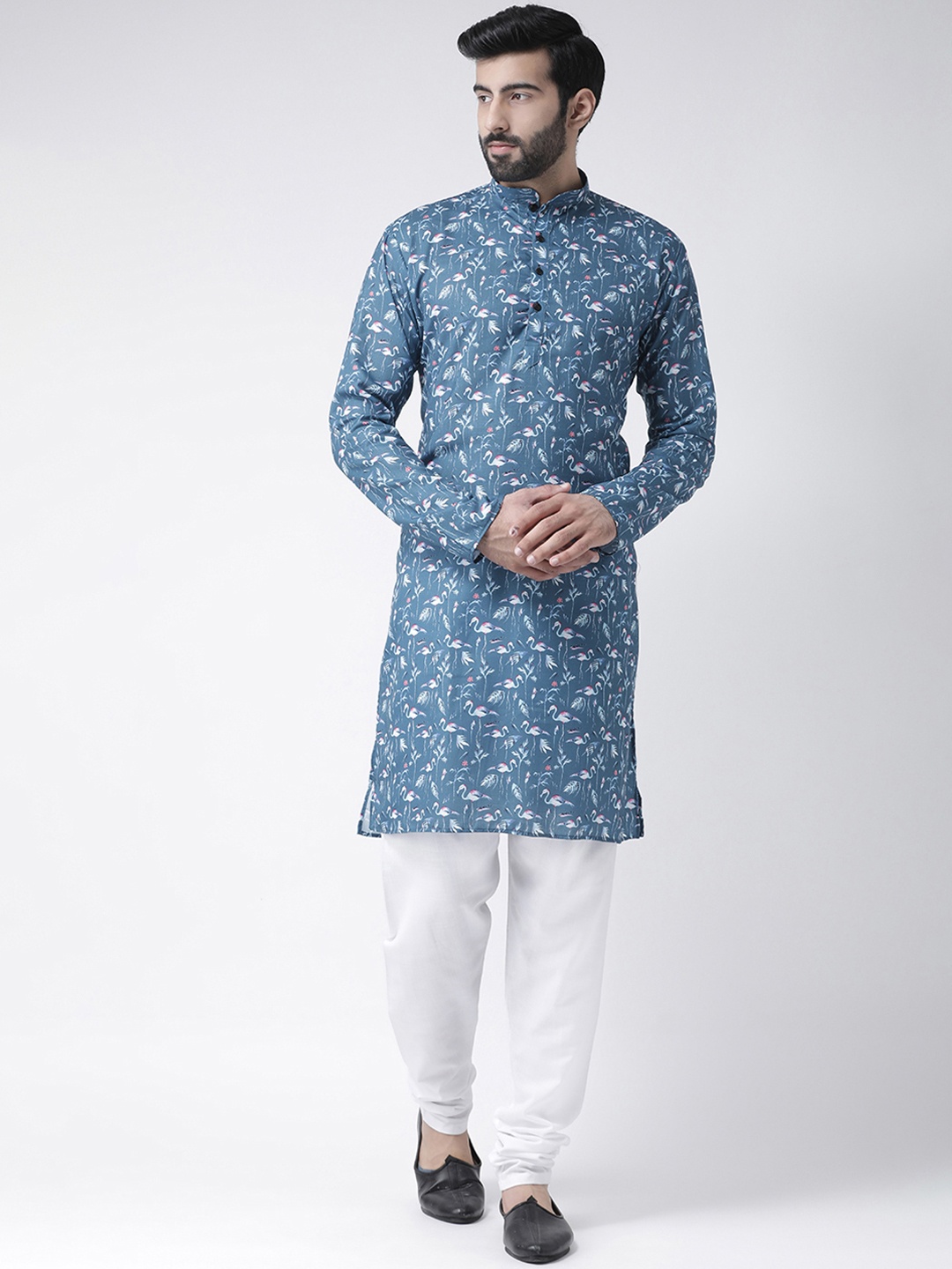 

Hangup Men Blue & White Printed Kurta with Pyjamas