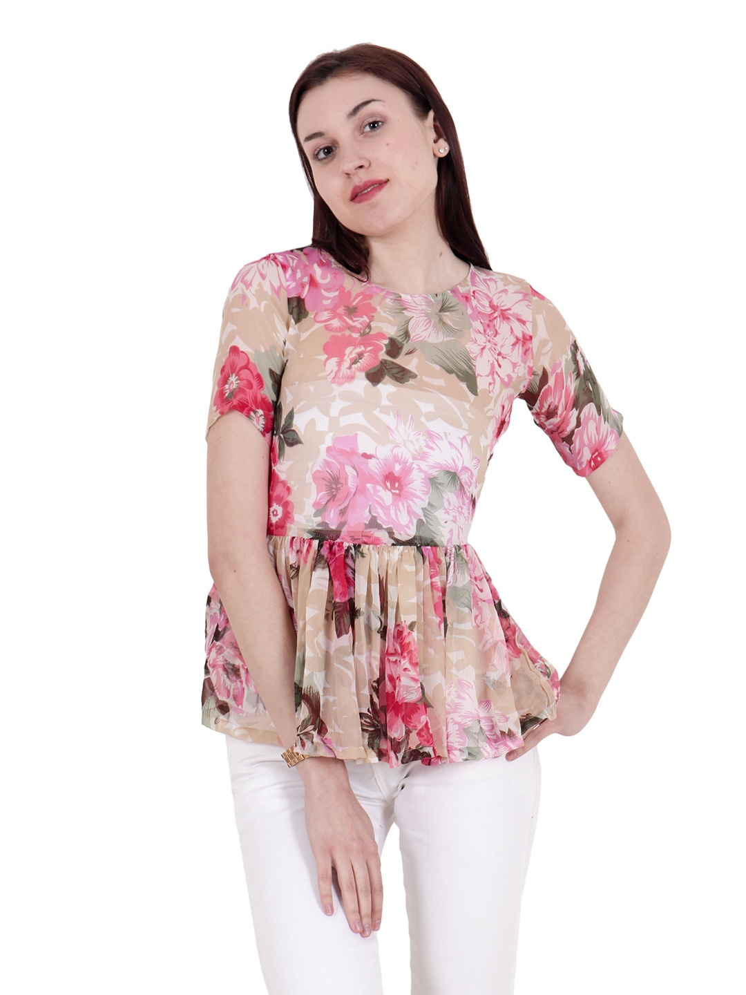 SCORPIUS Women Beige Printed Peplum Top