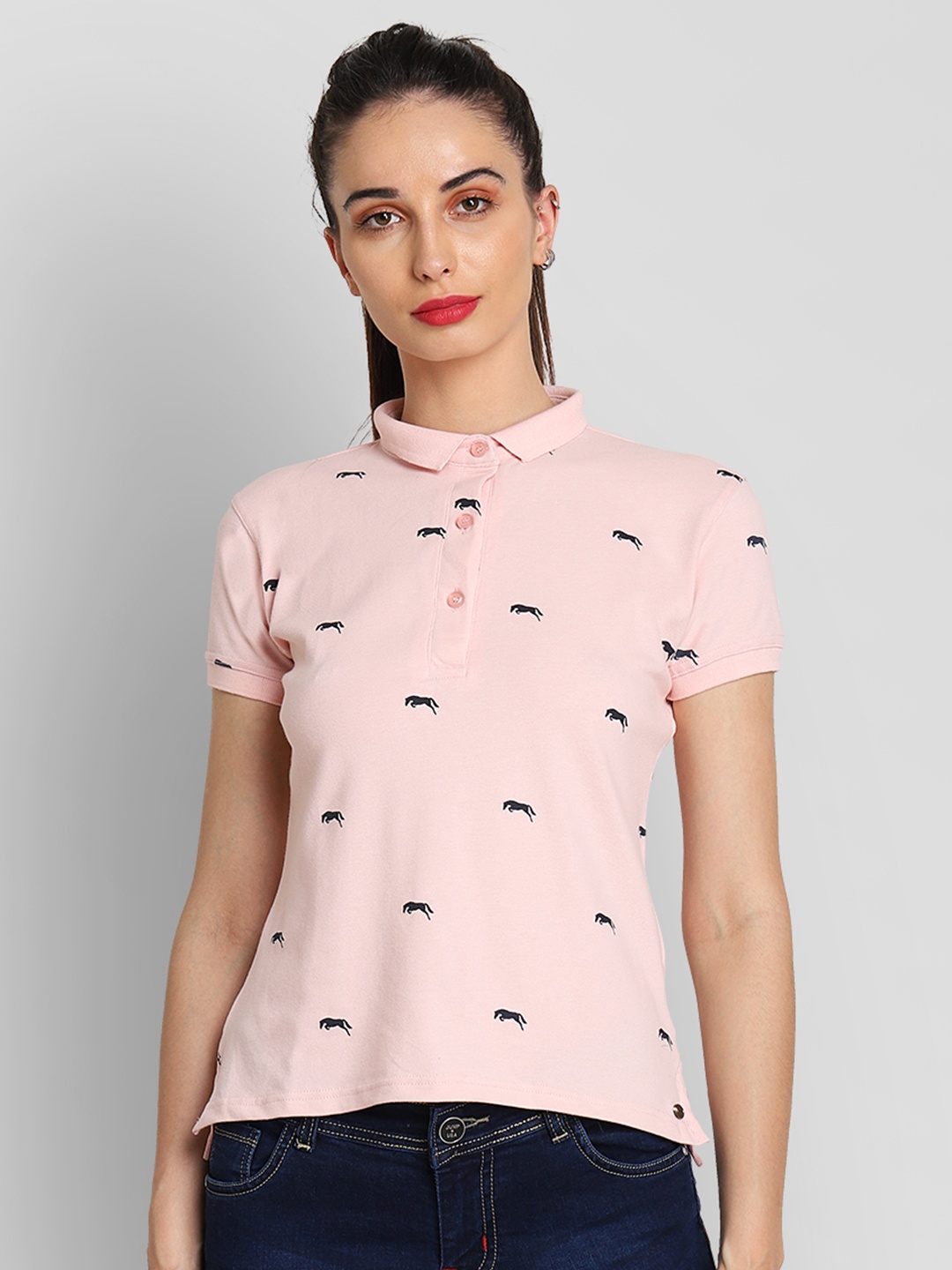 

JUMP USA Women Pink Printed Polo Collar Pure Cotton T-shirt
