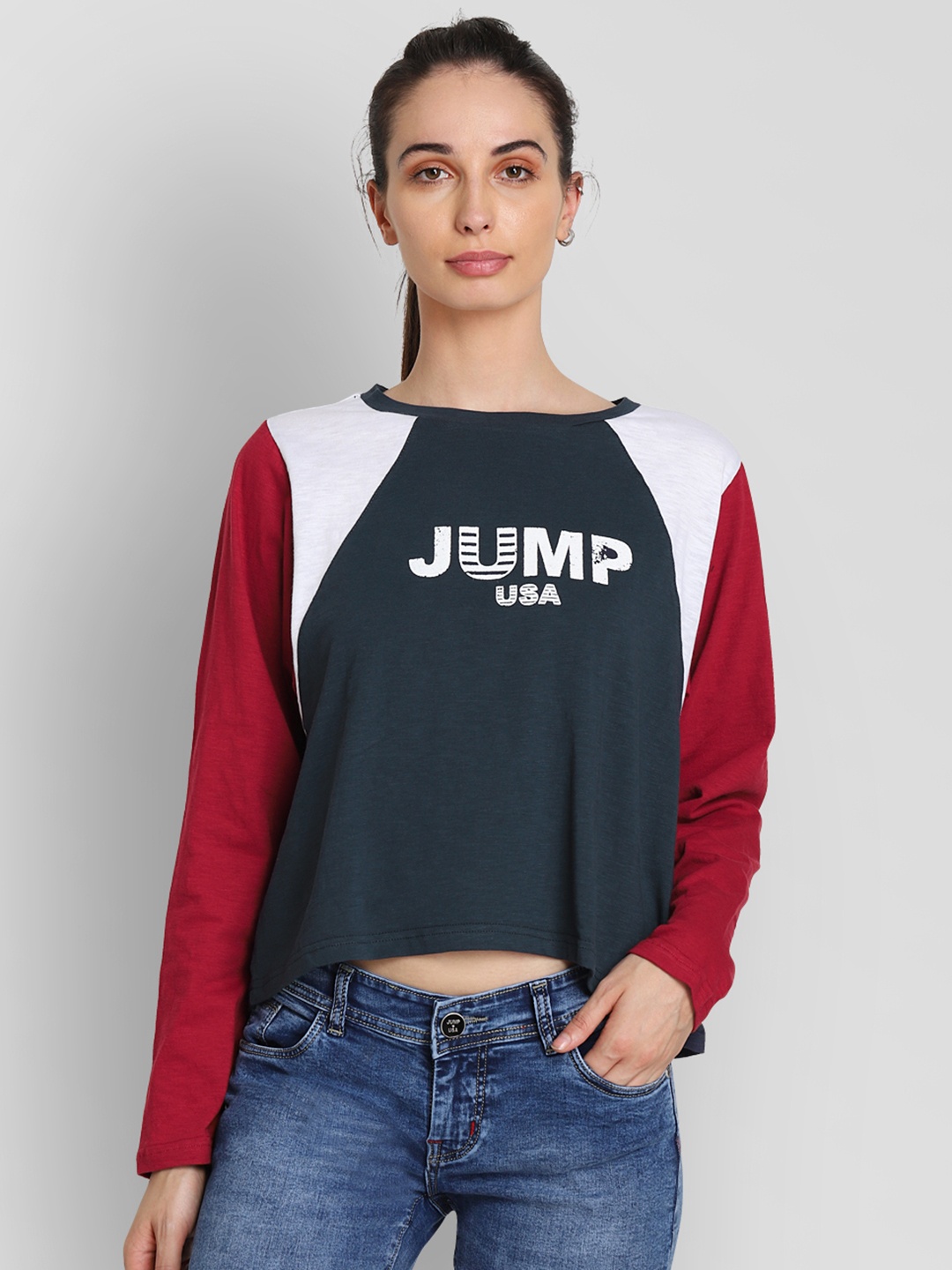 

JUMP USA Women Navy Blue Colourblocked Round Neck Pure Cotton T-shirt