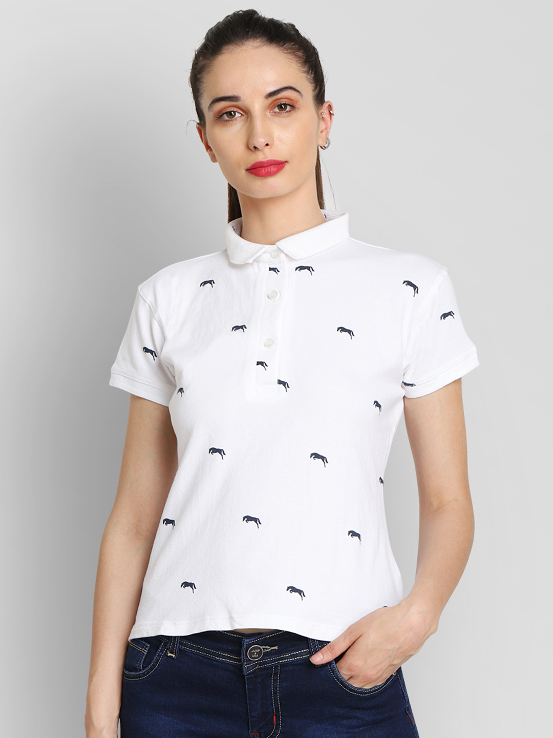

JUMP USA Women White Printed Polo Collar Pure Cotton T-shirt