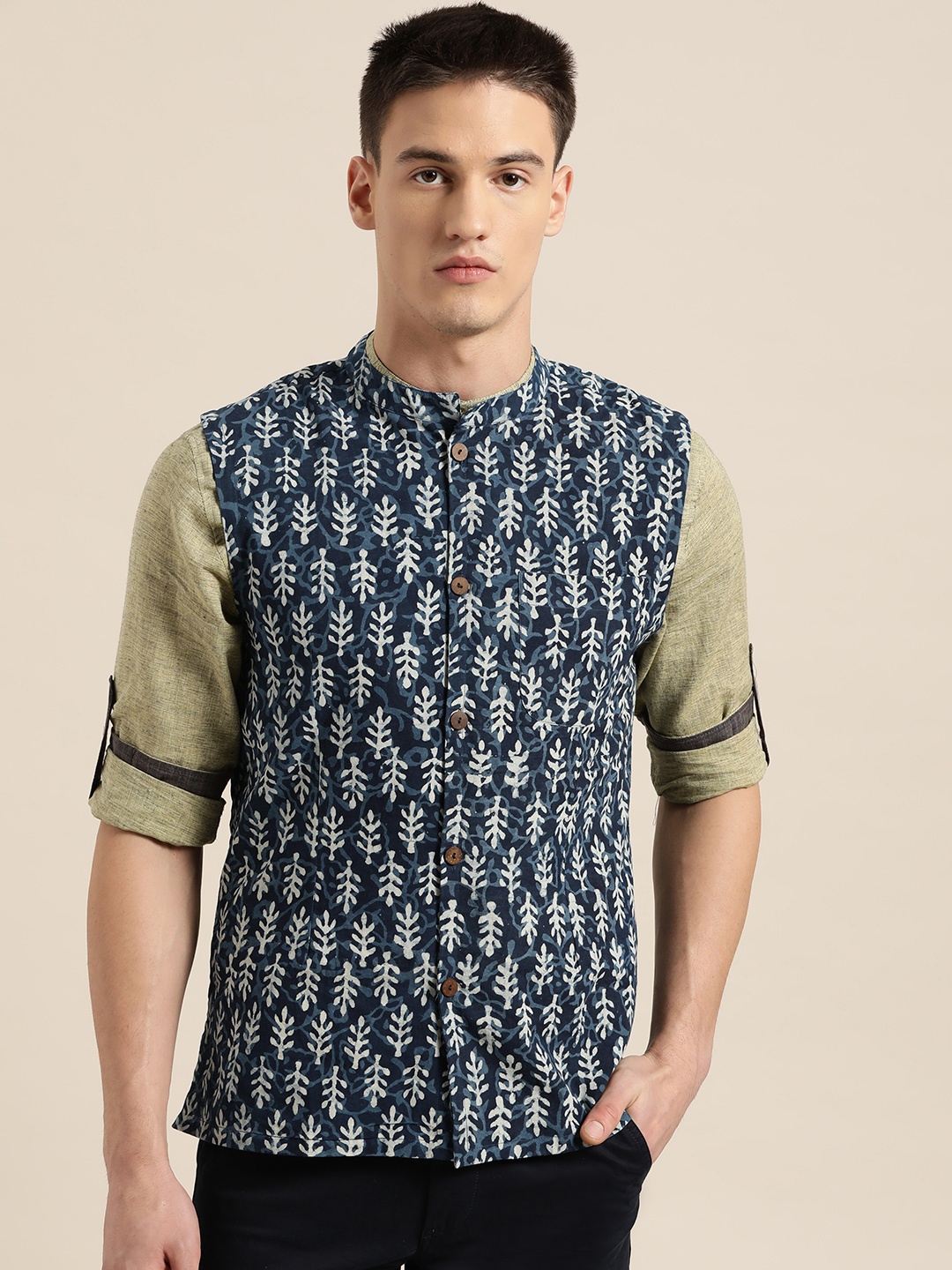 

Sangria Men Navy Blue & Off-White Printed Pure Cotton Nehru Jacket