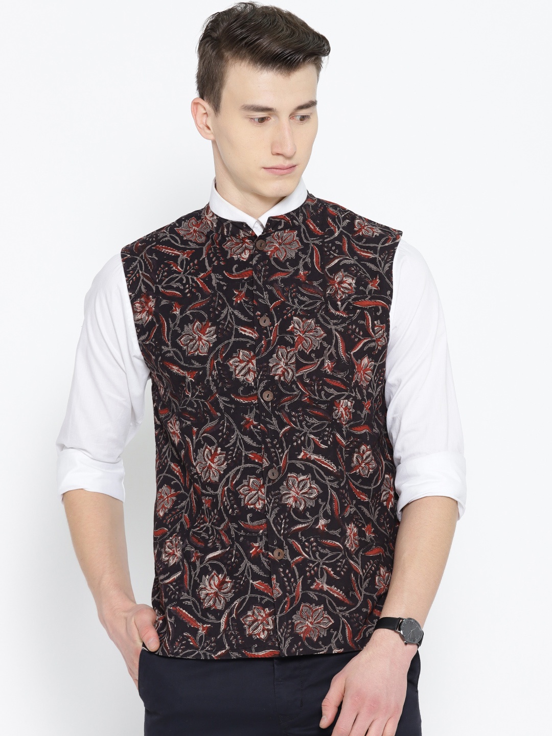 

Sangria Men Coffee Brown & Maroon Printed Pure Cotton Nehru Jacket