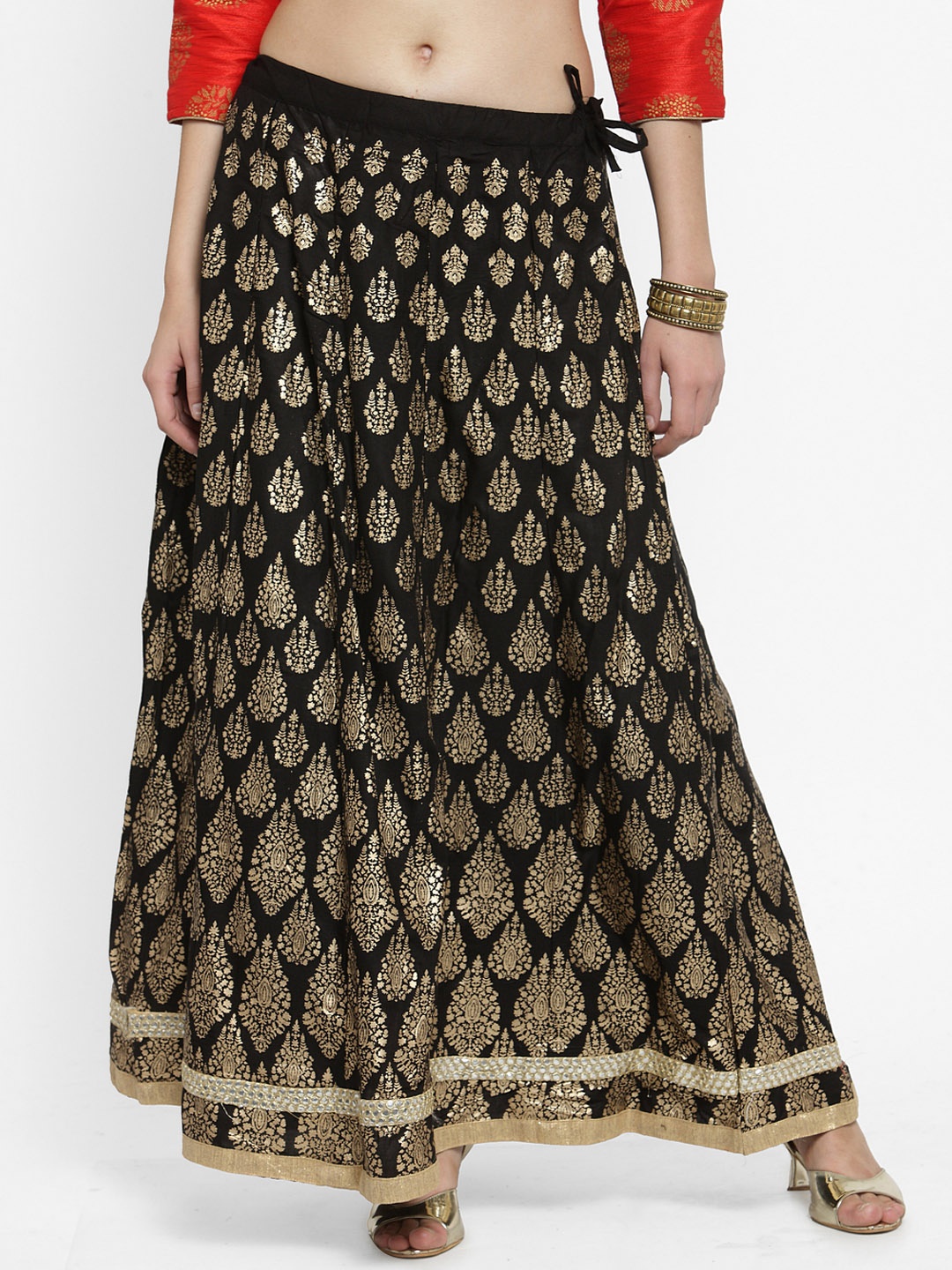 

Clora Creation Women Black & Gold-Toned Printed Flared Maxi Skirt