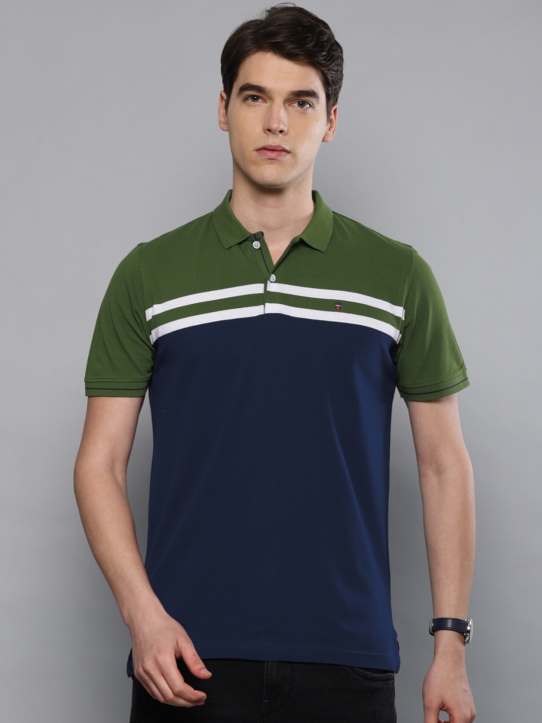 

Louis Philippe Sport Men Navy Blue Olive Green Colourblocked Polo Pure Cotton T-shirt