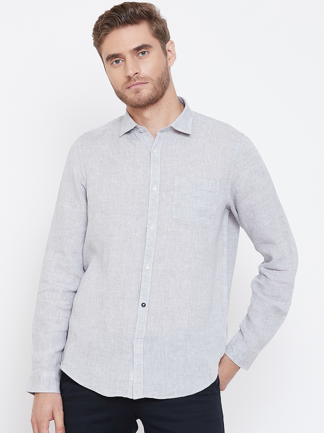

Blackberrys Men Grey Melange Linen Smart Fit Solid Casual Shirt