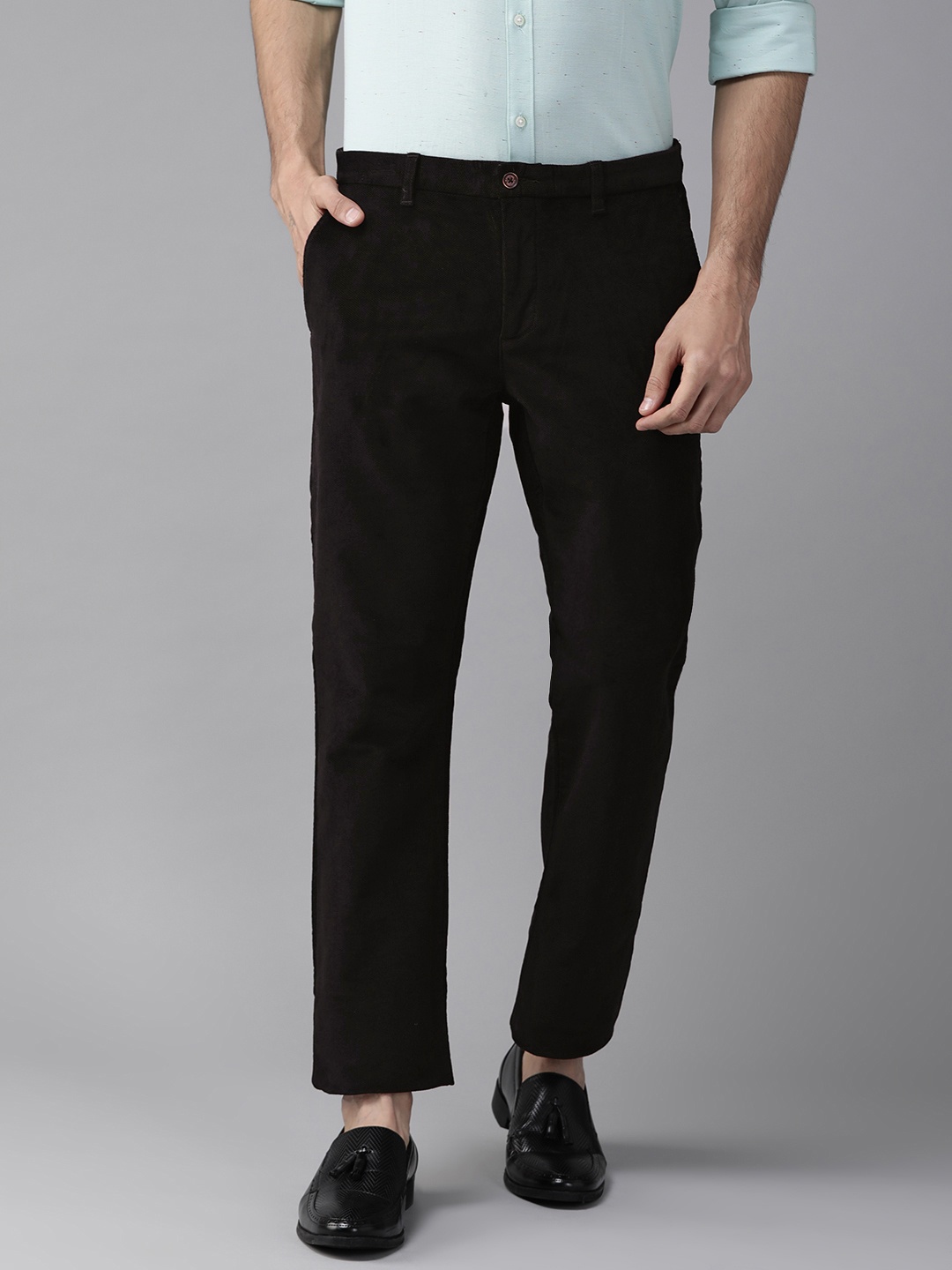 Blackberrys Men Black B-95 Slim Fit Textured Corduroy Trousers