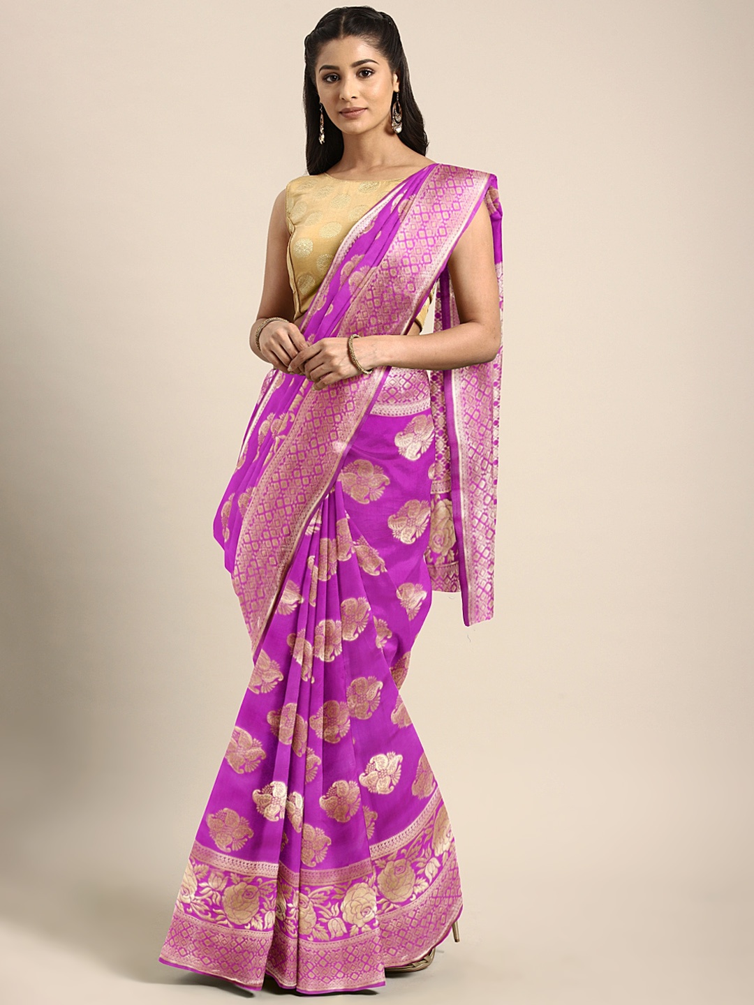 

Blissta Magenta & Gold-Toned Silk Blend Woven Design Banarasi Saree