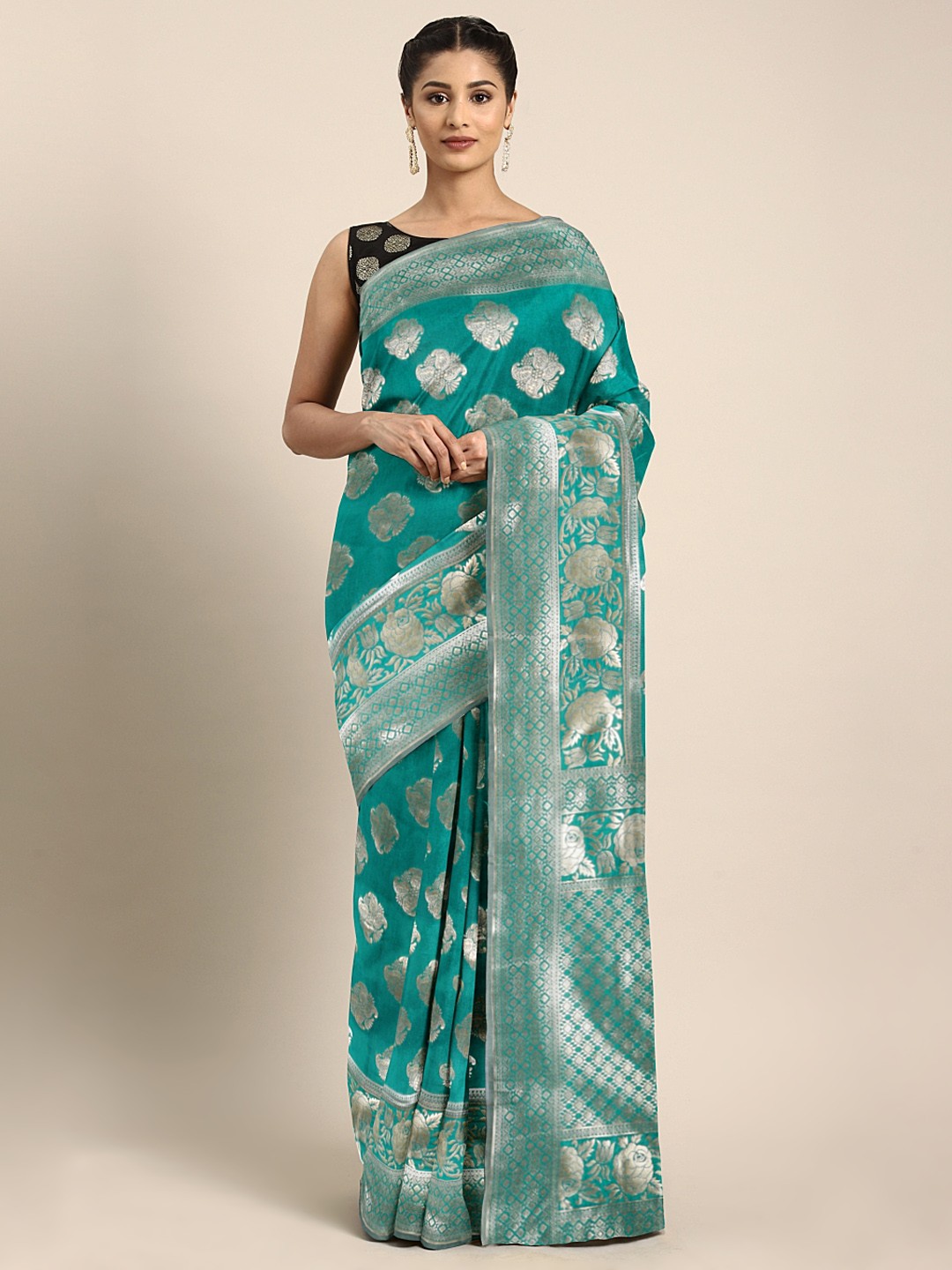 

Blissta Green & Gold-Toned Silk Blend Woven Design Banarasi Saree