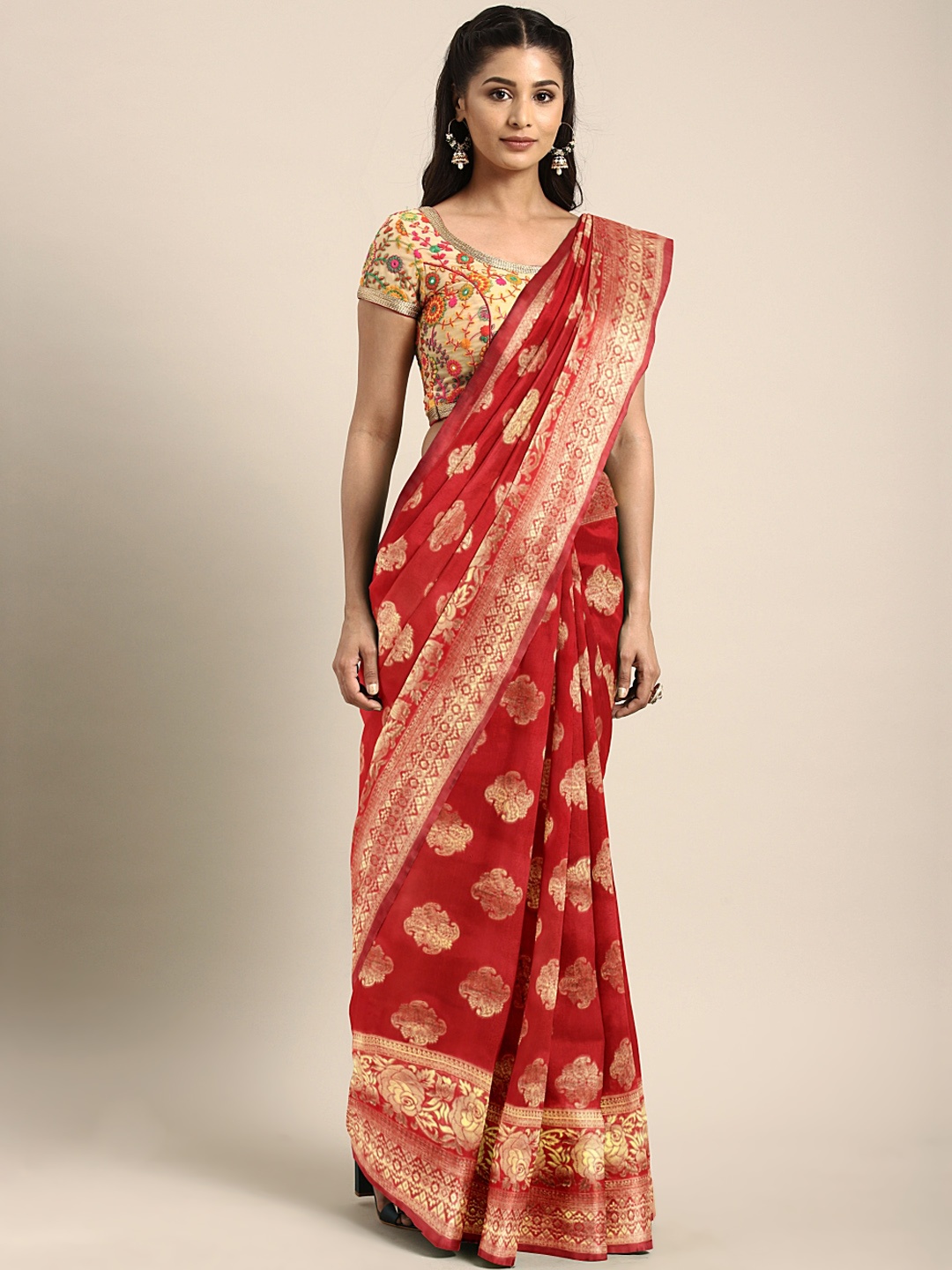 

Blissta Red & Gold-Toned Silk Blend Woven Design Banarasi Saree