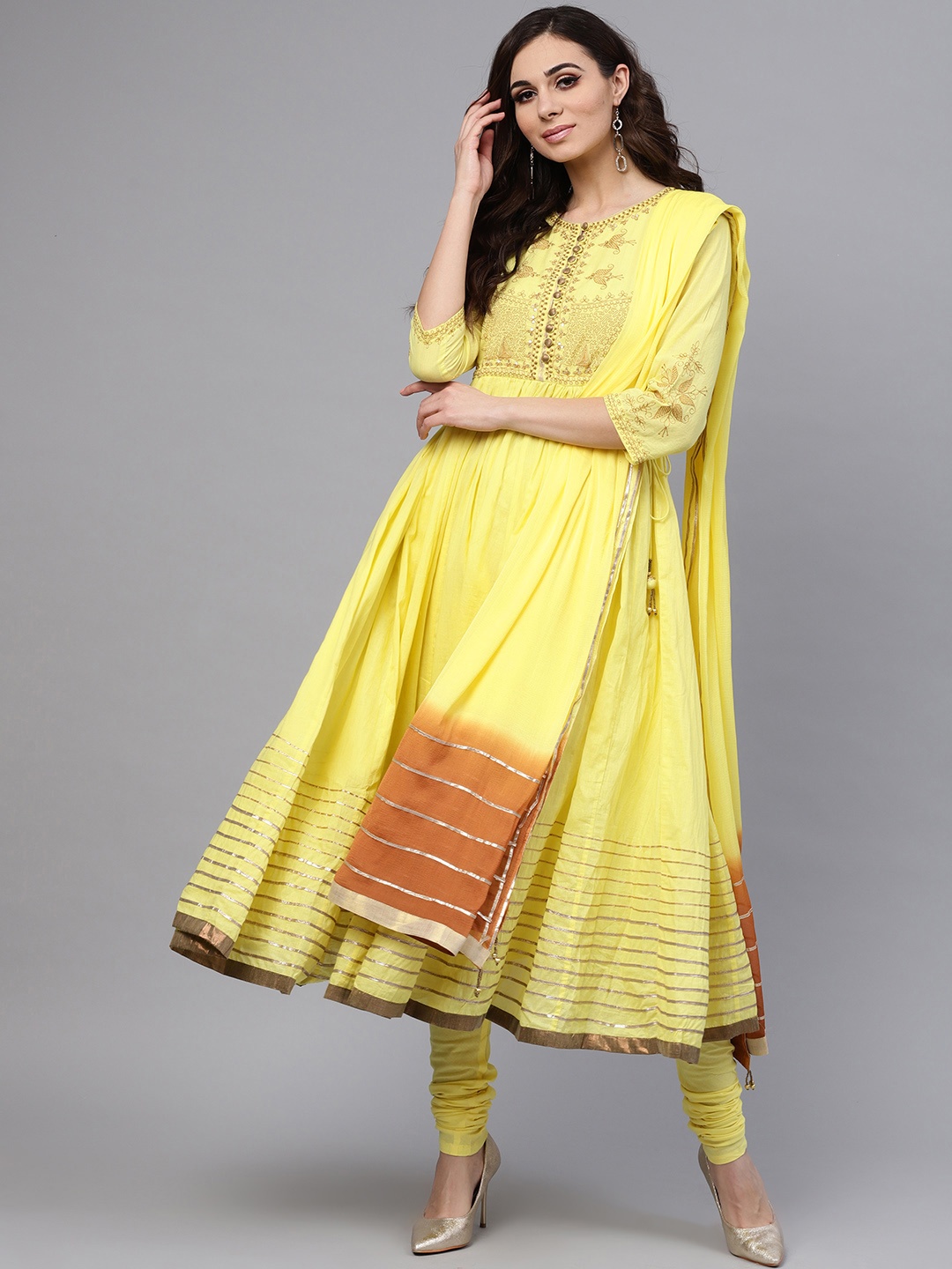 

Rain & Rainbow Women Yellow Yoke Design Kurta with Churidar & Dupatta