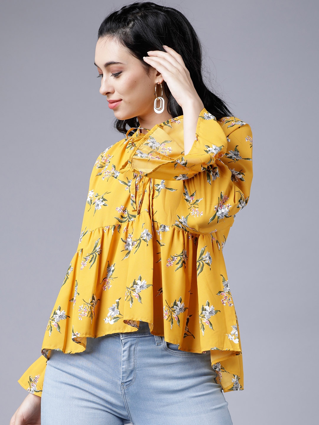 

Tokyo Talkies Women Mustard Yellow Floral Printed A-Line Top