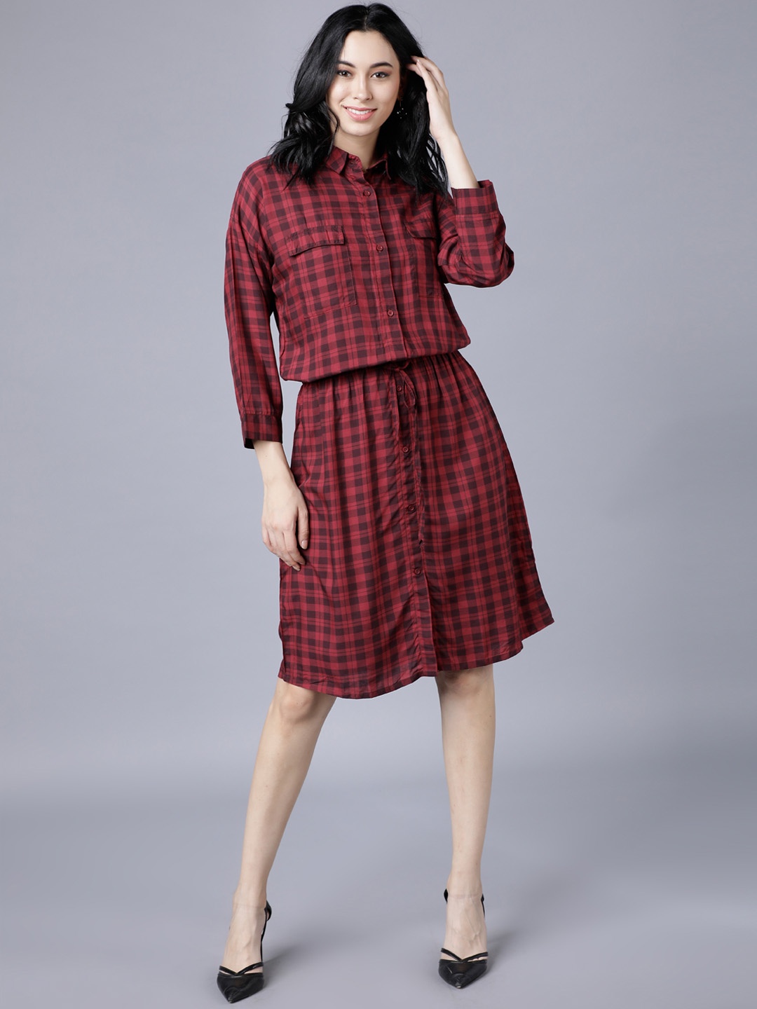 

Tokyo Talkies Women Maroon & Black Checked Shirt Dress