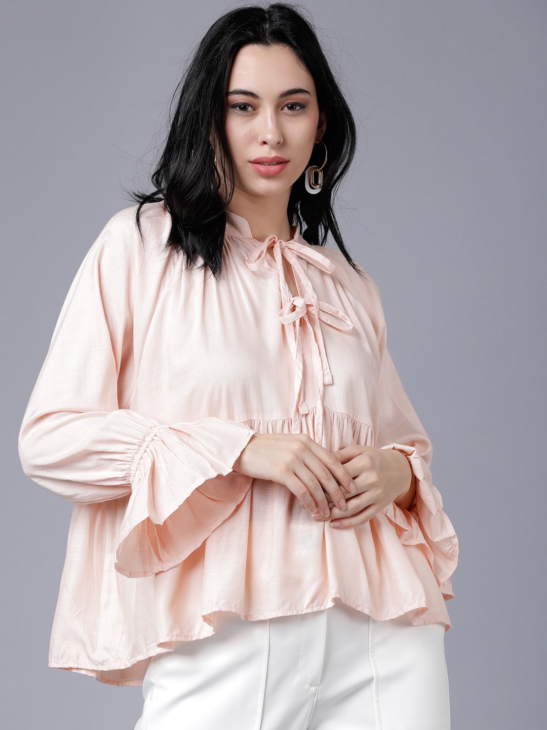 

Tokyo Talkies Women Peach-Coloured Solid A-Line Top