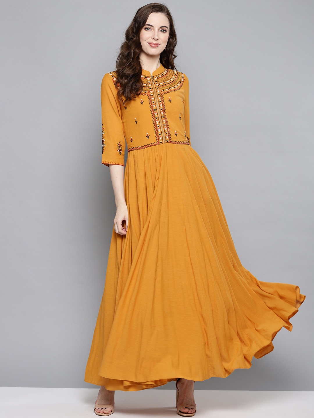

Label Ritu Kumar Women Mustard Yellow Embroidered Detail Maxi Dress