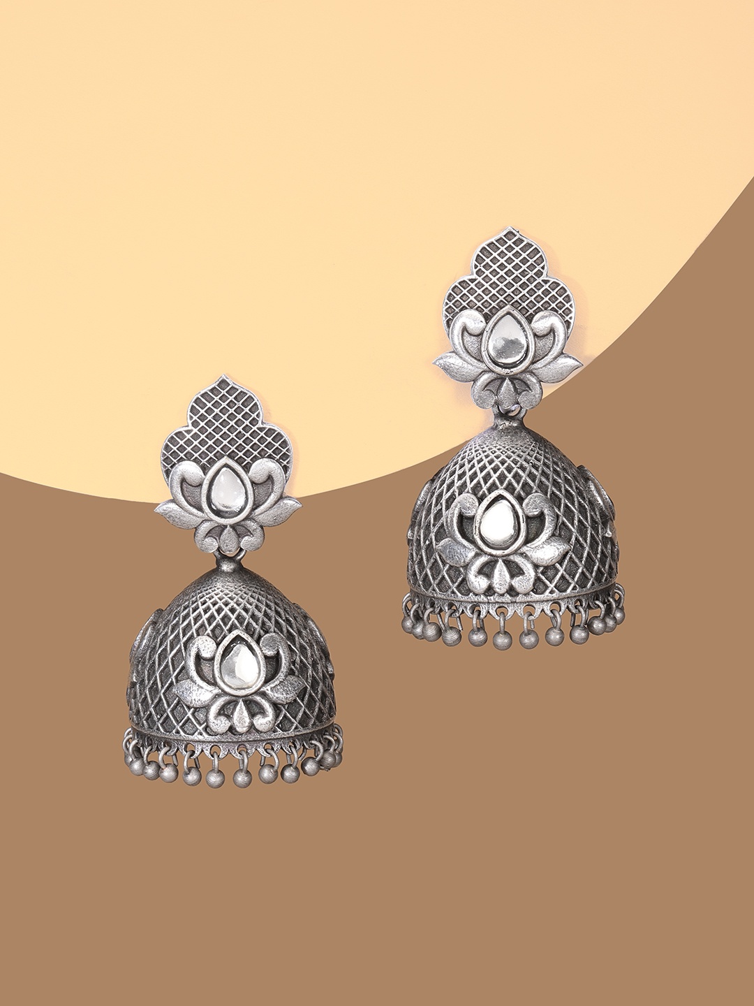 

justpeachy Silver-Toned Dome Shaped Oxidised Jhumkas