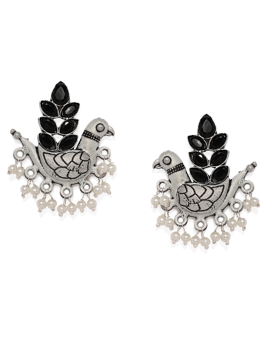 

justpeachy Silver-Toned & Black Animal Shaped Oxidised Drop Earrings